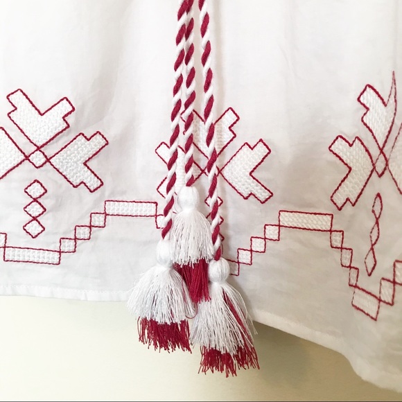 Harlyn Anthro Farina Embroidered Flowy Cotton Boho peasant tassel blouse topS - Picture 6 of 13